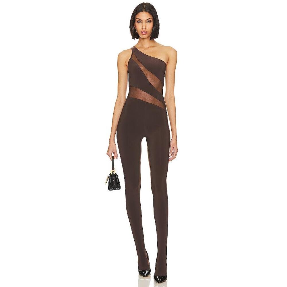 NORMA KAMALI Women's Snake Mesh Catsuit With Footsie Size XS/34 In Chocolate